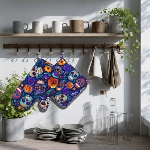 Day of The Dead Oven Mitt and Pot Holder with Silicone Heat Resistant Kitchen for Cooking BBQ Baking Grilling Cooking Protection - color: Day of the Dead