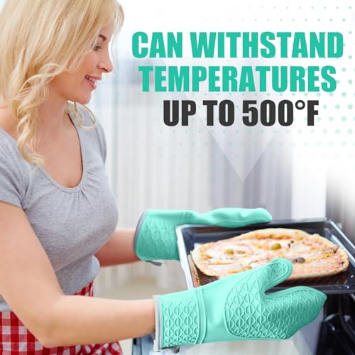 Silicone Oven Mitts, Heat Resistant 2PCS Oven Mitts with Soft Cotton Lining, Waterproof Non-Slip Grip Oven Glove, Kitchen Potholder Mits for BBQ, Baking, Cooking, 12.5 Inch - Green - color: Green