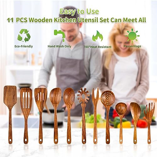 GUDAMAYE 11 PCE Wooden Spoons for Cooking, Wooden Kitchen Utensils Set,Wooden Cooking Utensils,Natural Teak Wooden Spoons For Non-stick Pan - size: 11 PCS