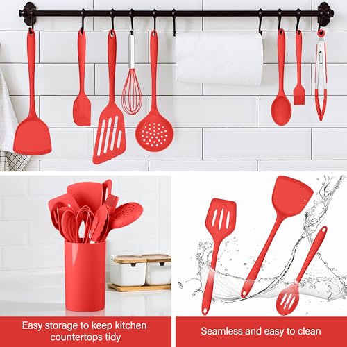 HaWare 11 PCS Silicone Cooking Utensils Set, Heat Resistant Kitchen Utensils with Holder, Food-grade Spatula Sets for Nonstick Cookware, Kitchen Tools Gadgets Include Fish Turner, Spoon (Red) - color: Red