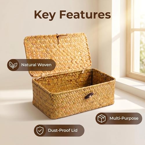 Wicker Handwoven Seagrass Storage Baskets for Organizing With Lids,boho rectangle decorative storage boxes, stackable natural rattan for Shelf,Closet,Bedroom,bathroom,three-piece set