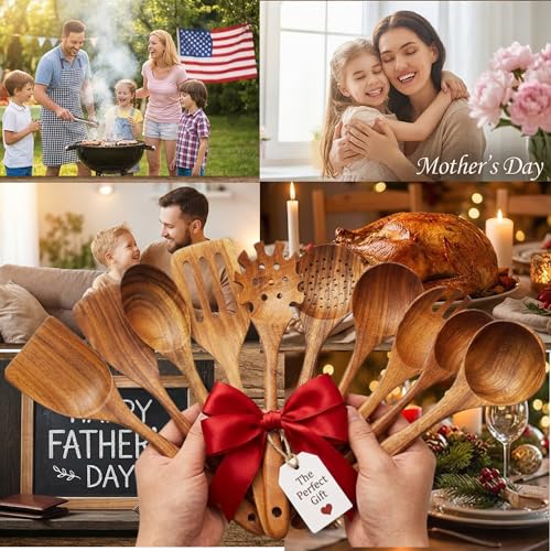 DADU BADU Teak Wooden Utensil Set of 10 – Non-Toxic Cooking Spoons & Spatulas for Nonstick Pans – Includes Pasta Spoon, Ladle, Skimmer – Premium Wood Kitchen Gift Set with Holder | Non-Toxic Cooking Spoons & Spatulas, for Nonstick Pans, Includes Pasta Spo