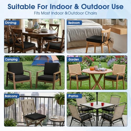 Outdoor Chair Cushions Set of 4, 19x19 Waterproof Patio Pads, Black | Fade resistant fabric with ties, handle and 3-inch foam for dining seats, decks, porches, gardens and hard seating - color: Black