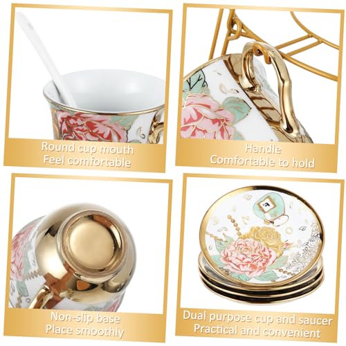 Zhehao 20 Pcs Porcelain Tea Set with Metal Holder and Spoon Adult Ceramic Tea Set European Flower Painting Teapot Cup Saucer Spoon for Women Mom Gift, Large Version (Bright Style) - color: Bright Style