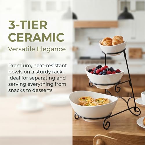 Covzoe 3 Tiered Chip and Dip Serving Set with Metal Stand | Ceramic Appetizer Bowls for Party, Food Display Platter Serving Dishes for Fruit Dessert Snacks