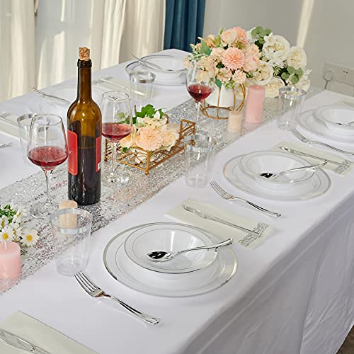 50PCS Plastic Bowls with Silver Rim 12oz Disposable Soup Bowls | Plastic Bowls for Christmas Thanksgiving Premium Dessert Salad Bowl for Wedding/Party - color: Silver, style: 50Count