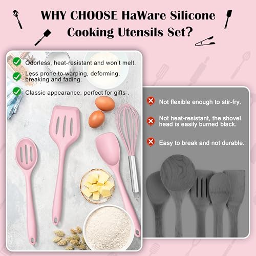 HaWare Kitchen Utensils, 14 PCS Silicone Cooking Utensils Set, Heat Resistant Kitchen Utensils for Non-stick Cookware, Kitchen Gadgets Tools with Spoons, Spatulas, Whisk, Dishwasher Safe (Pink) - color: Pink