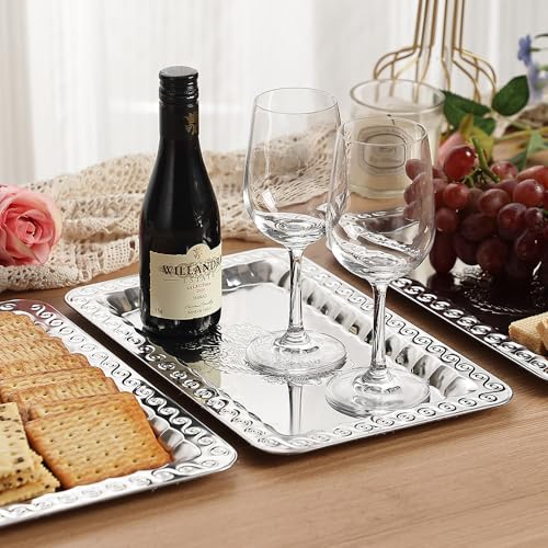 4-Pack Small Silver Serving Trays Set - ZENOVLUX Swirl Floral Engraved Mirror Decorative Tray, 11.4" x 7" Wedding Party Platters for BBQ, Food, Appetizer, Charcuterie, Cookies, Desserts - size: 11.4" x 7"