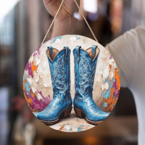 Door Sign Round Wooden Hanging Plaque With Rope Blue Cowboy Boots Impasto Art 12 X 12 Inch Rustic Welcome Wall Decor For Porch Entryway Farmhouse Home