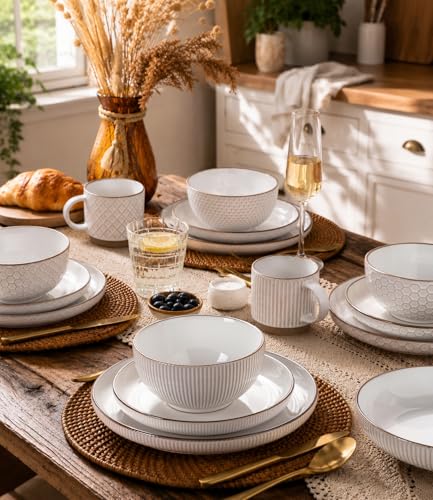 GBHOME Stoneware Dinnerware Set for 4, 12 piece Farmhouse Plates and Bowls | Elegant Embossed Ceramic Dish Set, Scratch Resistant, Microwave & Dishwasher Safe, Off white - color: Off White-Mixed Texture