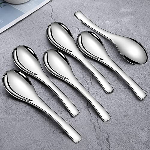 Stainless Steel Soup Spoons - 6 Inch Heavy Duty Asian Soup Spoon for Ramen, Rice, Tea, and Milk, Set of 4 Short Handle Ramen Spoons, Dishwasher Safe, Silver Chinese Table Spoon
