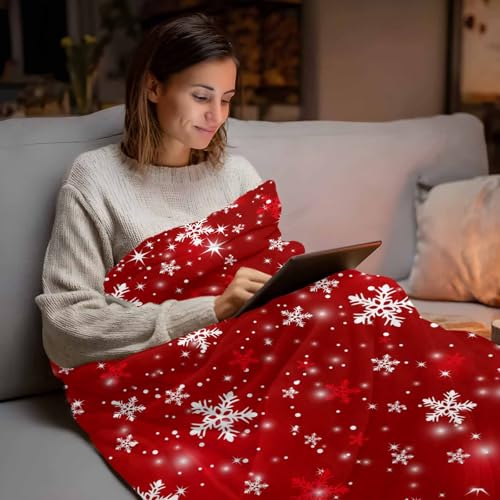 Christmas Throw Blanket, Red White Snowflakes Super Soft Warm Flannel Blankets for Bed Couch Sofa Winter Shiny Stars Xmas Snow Red Lightweight Fluffy Plush Bed Throws 50x60 Inch - color: Red, size: 50''x60''