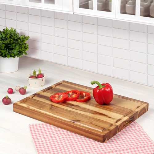 Acacia Wood Cutting Board (17x13x1.5in) and Wooden Butcher Block, Chopping Board - Reversible Multipurpose For Meat, Cheese Board, Vegetables, Bread...with Juice Groove, Cracker Holder & Inner Handles - size: 17"L x 13"W