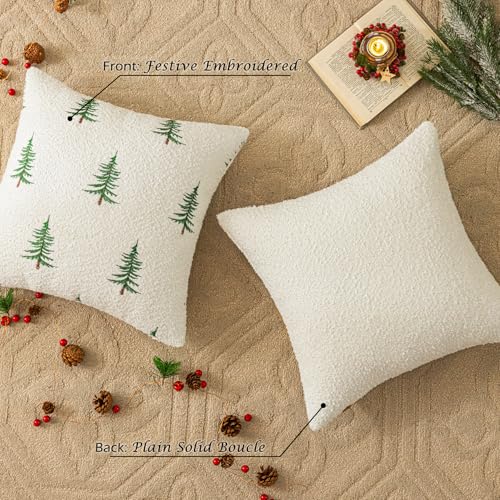 1 Pack Christmas Tree Throw Pillow Covers 18"x18" White Boucle Pillow Cases with 3D Embroidery Decorative Holiday Winter Thanksgiving Decorations for Couch Sofa Living Room - color: Xmas Tree