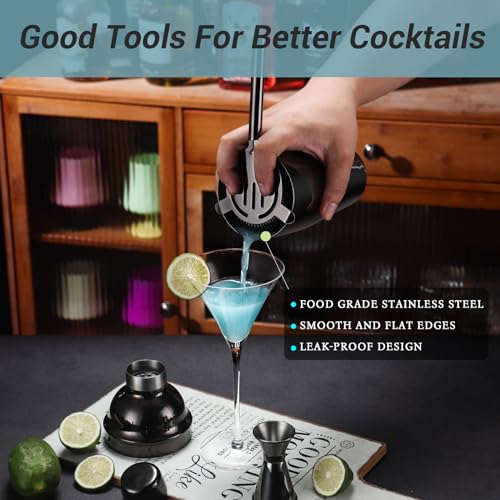 Cocktail Shaker Set Bartender Kit with Stand, 12 Piece Bar Set Drink Mixer Set with Stainless Steel Bar Accessories Tools: 25oz Martini Shaker Jigger Strainer Spoon Muddler for Cocktails (Black) - color: Black