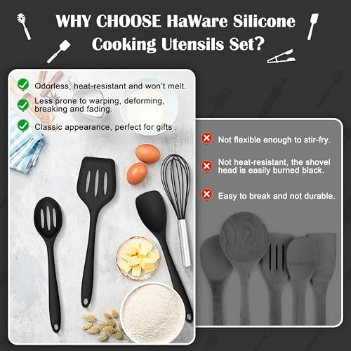 HaWare 14 PCS Silicone Cooking Utensils Set, Kitchen Utensils, Black - color: Black