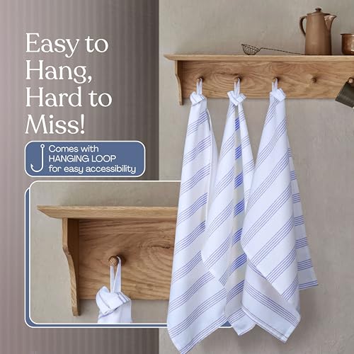 Indigo Blue Stripe Kitchen Towels, 12 Pack, 100% Cotton, Super Absorbent and Quick Dry, Multi Pin Striped Towel Set, Durable Dish Cloths for Kitchen Use, Cleaning & Drying Dishes - color: Indigo Blue, style: 12 Pack