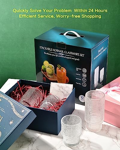 ISMASOAN Hobnail Drinking Glasses Set of 12, Stackable Glasses 12 oz & 7 oz | Beaded Drinking Glasses with vintage bubble texture. Gift-ready highball cups for water, juice, cocktails and everyday drinks - style: Stackable Dewdrop Surface