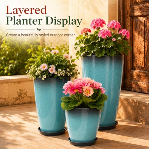 Neoaider Set of 3 Tall Planter, 24/21/12in Large Plastic Planter, Sky Blue | Ceramic-Look, Lightweight, Built-in Drain Hole, Saucers, Tall Outdoor Planter for Porch, Garden, Patio, Balcony - color: Sky Blue