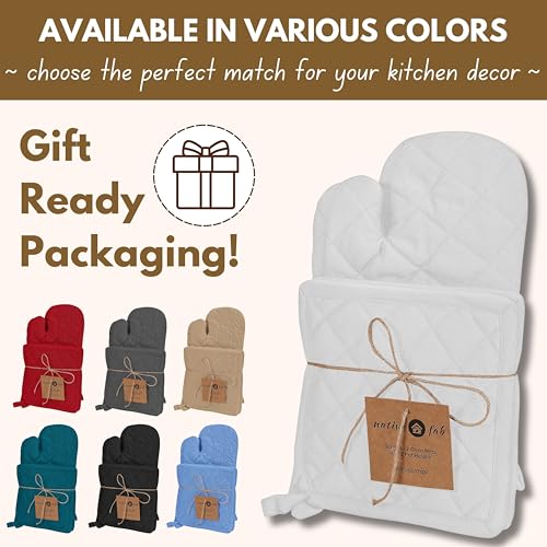 Native Fab 4 Piece Set - 2 Oven Mitts & 2 Potholders, Heat Resistant, 100% Cotton, Quilted Design, Non-Slip Grip, Machine Washable, Ideal for Baking, Cooking, BBQ, Kitchen Protection - White - color: White