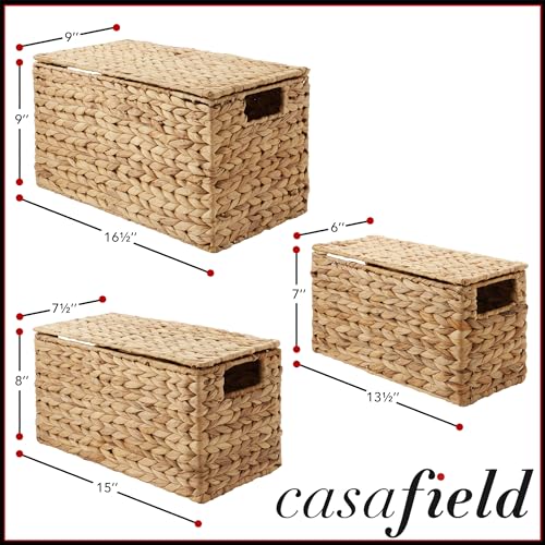 Casafield Set of 3 Water Hyacinth Storage Baskets with Lids, Natural - Small, Medium, Large Woven Nesting Bins for Bathroom, Bedroom, Closets, Shelves