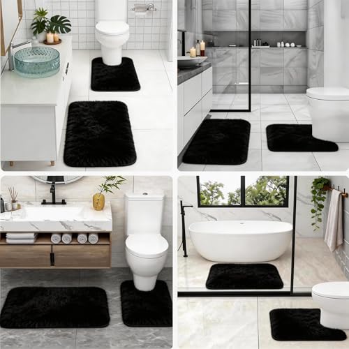 Bathroom Rugs Set Plush Velvet Bath Rugs Non-Slip Shaggy Bath Mat Set 3 Piece,Washable Mats,Absorbent Shaggy Rugs Super Soft U-Shaped Toilet Rug,Bahroom Carpets for Bathroom,Tub,Shower Black - color: Black