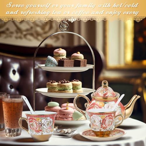 Zhehao 20 Pcs Porcelain Tea Set with Metal Holder and Spoon Adult Ceramic Tea Set European Flower Painting Teapot Cup Saucer Spoon for Women Mom Gift, Large Version (Noble Style) - color: Noble Style