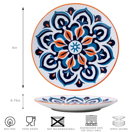 LEHAHA Porcelain Appetizer Plates Set of 6, 6 Inch Small Ceramic Dessert Plates, 6-Piece Floral Round Plates for Salad, Appetizer, Snack, Microwave & Dishwasher Safe - color: Talavera