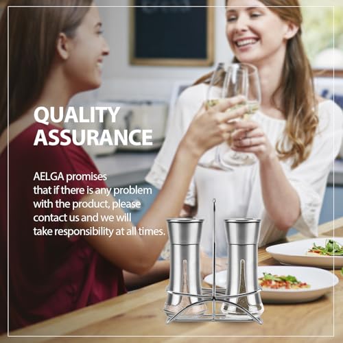 Aelga Salt and Pepper Shakers with Holder, Salt Shaker for the Kitchen with Adjustable Pour Holes for Himalayan, Kosher, and Sea Salts - color: Silver