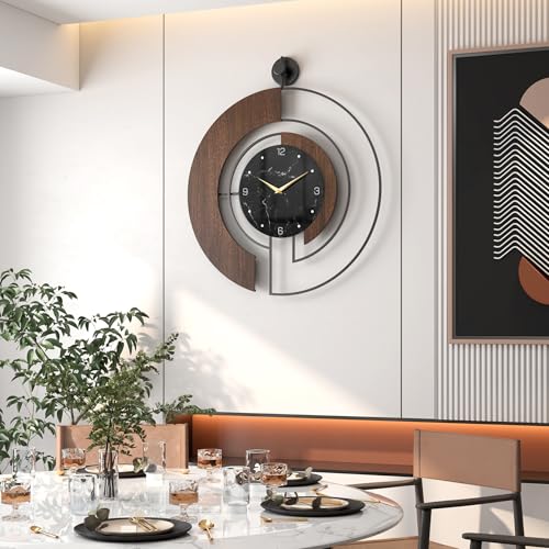 Modern Walnut Marble Dial Wall Clock, Large Wood Metal Frame Silent Non Ticking Wall Clocks for Living Room, Bedroom Decoration, Contemporary Home Wall Decor Gift Idea, 26.4 in - size: 2.X-L(26.4 in)