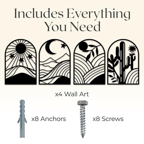 GALLERY GRACE Metal Wall Art Decor – 11" x 16", 4Pc Single Line Abstract Wall Art for Living Room, Bedroom, Office – Boho Minimalist Black Wall Decor Featuring Sun, Moon, Landscape & Desert Panels | 11 x 16 In Panels, Sun, Moon, Landscape and Desert Desig