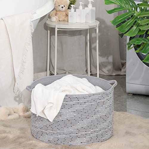 KAKAMAY Large Blanket Basket (20"x13"),Woven Baskets for storage Baby Laundry Hamper, Cotton Rope Blanket Basket for Living Room, Laundry, Nursery, Pillows, Grey with Blue & Brown Dotted | Extra Large Capacity | Natural Cotton Rope | Blanket Storage | Wov