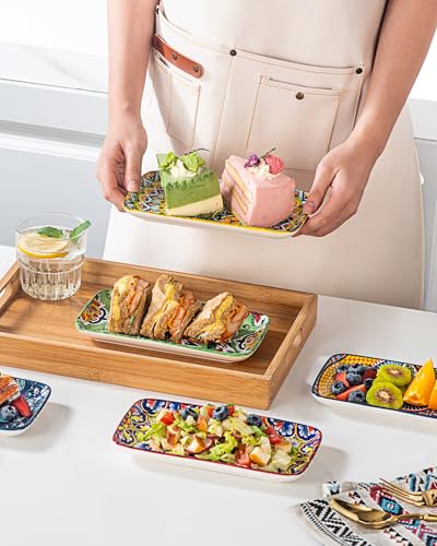 Boho Ceramic Rectangular Appetizer & Sushi Plates Set of 6, 8 Inch | Ideal for Desserts, Cake, Fruit, Snacks & Small Side Dishes, Microwave & Dishwasher Safe, Assorted Patterns - size: 8 Inch