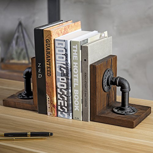 MyGift Rustic Wood Decorative Bookends with Industrial Pipe Design | Realistic Pipe Detail, Stable Support, Rustic Styling, Home Office Accent, Father’s Day Gift, Unique Shelf Display