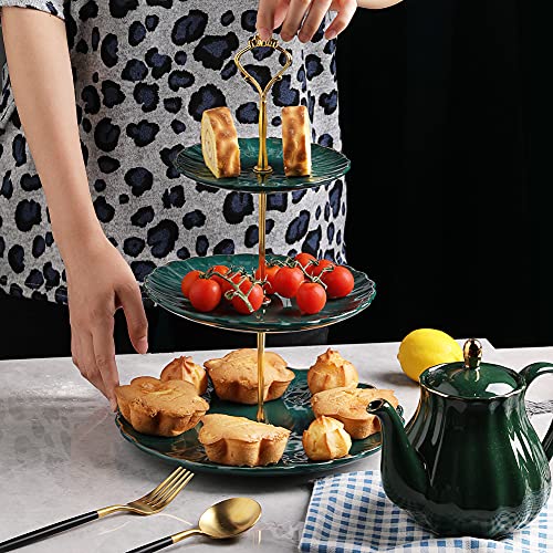 Sweejar 3 Tier Ceramic Cake Stand Wedding, Dessert Cupcake Stand for Tea Party Serving Platter (Jade) - color: Jade