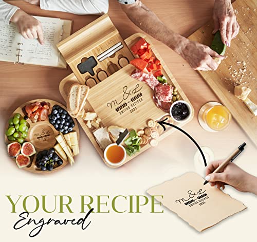 Personalized Bamboo Cheese Board and Knife Set - Custom Engraved Platter Serving Tray with Slide Out Drawer & 4 Stainless Steel Knives - Unique Gift Set for Anniversary, Wedding (Design 8) - color: Design 8