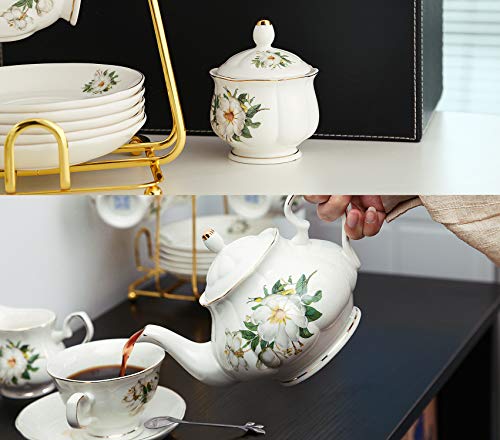 CHENP.HMC Porcelain Tea Cup Set 22-Piece Ceramic Coffee Tea Sets (Camellia) | Cups Saucer Service for 6 Teapot Sugar Bowl Creamer Pitcher and Teaspoons Tea Pot Sets - color: White Green