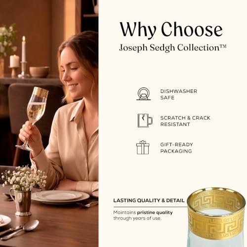 Joseph Sedgh Collection Greek Key Champagne Flute Glasses Set of 6-6.8 oz Round Cylinder Champagne Glasses with Stem, Dishwasher Safe Premium European Grade Glassware