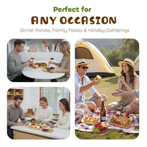 Personalized Charcuterie Board Set, Ideal Gift for Wedding, Housewarming, Holiday & Birthday, Natural Bamboo Cheese Board with Round Tray & Complete Knife Set