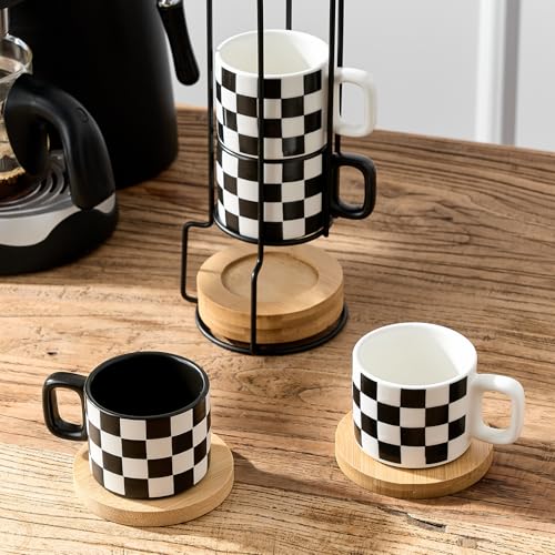 LUKA Ceramic Stackable Black and White Checkered Espresso Cups with Saucers and Metal Stand, 4 Ounce Small Demitasse Cups Set for Coffee Drinks, Latte, Tea - Set of 4 - color: 4G-White & Black