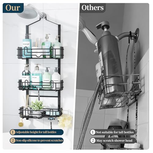 Consumest Shower Caddy Hanging – Rustproof Over Shower Head Hanger with Soap Holder and Hooks, Anti-Slip Shower Shelves for Storage, Bathroom Organizer for Apartment, Dorm, Black