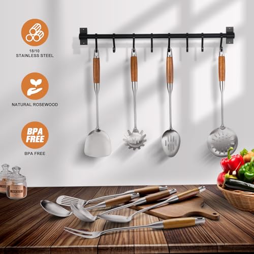 9 PCS 304 Stainless Steel Cooking Utensils set with Wooden Handle, Metal Kitchen Utensils Set, Large Heat Resistant Wooden Handle Kitchen Tools, Stainless Steel Wok Spatula
