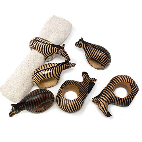 KWF012 Z - Handcarved Mahogany Napkin Ring Holders - Zebra Set of 6 - color: Zebra