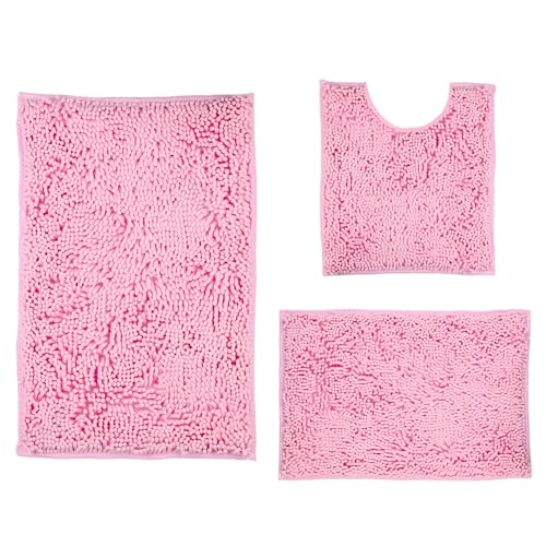 Pink Bathroom Rugs Sets 3 Piece Washable, Luxury ,Chenille Bath Mat Set, Soft Plush Anti-Slip Rectangular Bath, Rug Super Absorbent.3 Pieces Bathroom (Pink, 32"x20"+24"x16"+U Shape 20"x20") - color: Pink, size: 32"x20"+24"x16"+U Shape 20"x20"