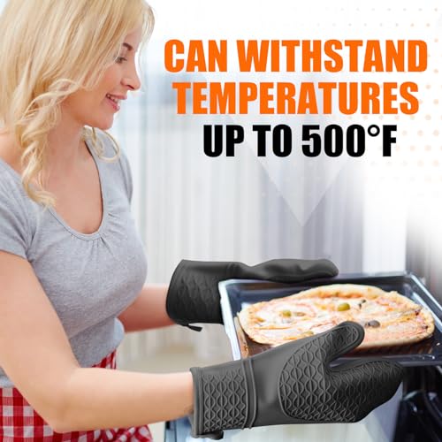 Silicone Oven Mitts, Heat Resistant 2PCS Oven Mitts with Soft Cotton Lining, Waterproof Non-Slip Grip Oven Glove, Kitchen Potholder Mits for BBQ, Baking, Cooking, 12.5 Inch - Black - color: Black