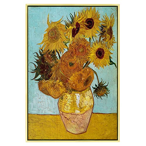 Wieco Art Framed Canvas Wall Art Size L Sunflower by Vincent Van Gogh Oil Paintings Reproduction Abstract Wall Decorations for Living Room Golden Frame Home Decorations - size: 24"L x 16"W