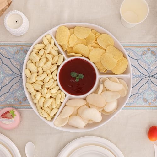 White Chip and Dip Serving Set, Divided Serving Platter Set, 4 Section Appetizers and Cheeses Serving Tray, Compartment Dishes for Party, Christmas, Dessert, Fruit, Candy, 13-inch, Set of 2 - color: White Round Divided Tray
