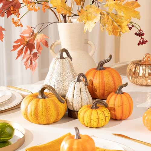 Valery Madelyn Fall Pumpkin Table Decor Cracked Pumpkin Figurine Fall Decoration for Home, 3pcs Resin Autumn Harvest Thanksgiving Halloween Party Tabletop Centerpieces, 6.7 inch - size: Large