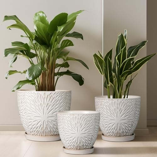 G EPGardening 10 Inch Ceramic Planter Pot, White | Drainage Hole and Saucer, Large Plant Pot, Indoor Plants Outdoor, Round Flower Pot, For Home Garden Office - size: 10 Inch