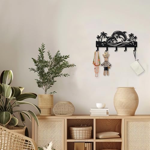 MAYJOYDIY Ocean Dolphin Metal Key Hook Marine Animal Coat Rack Wall Mounted 9.8×4.7inch Coconut Tree Black Art Wall Decor Key Holder with 5 Hooks for Gift Coats Hats Towels Bags Hanging - style: Ocean Dolphin